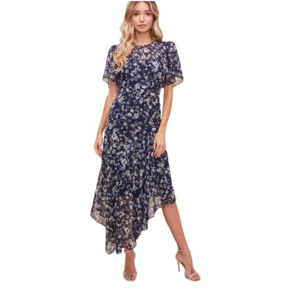 ASTR Blue Flutter Sleeve Floral Maxi Cocktail Dres